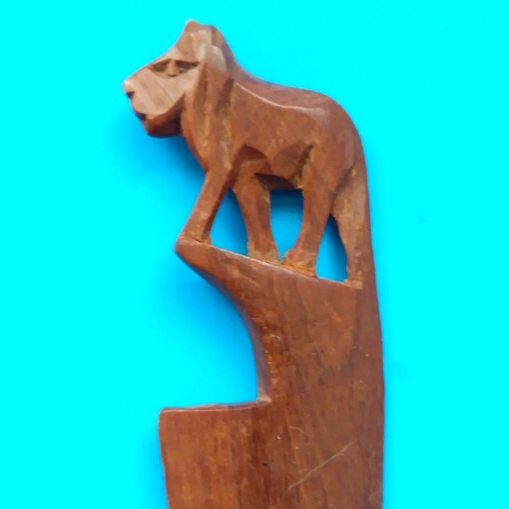 VTG Letter Opener Lion Carved Wood Knife Handle Africa Mail Folk Art Safari King